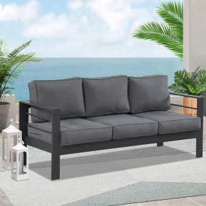 Superjoe Outdoor Patio Sofa 3 Seats Gray Aluminum With Dark Grey Cushions