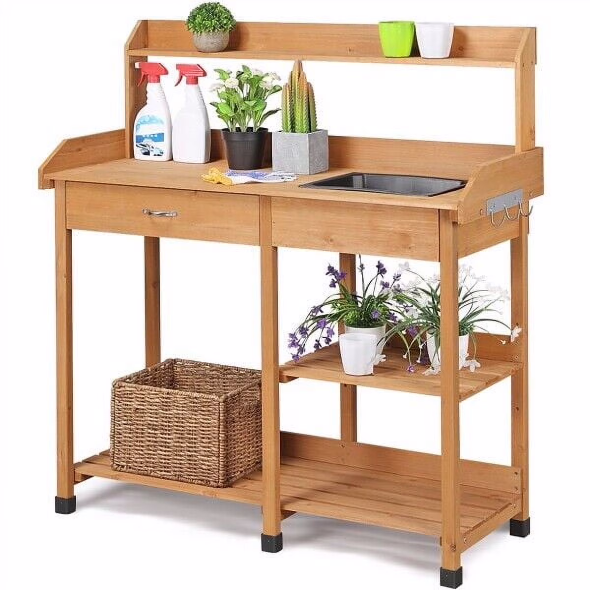 Veado Potting Bench With Sink, Drawer, Rack And Shelves, 45.2 x 17.7 x 47.6 in - Natural Wood