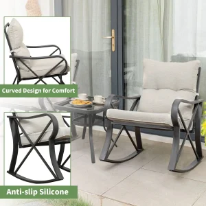 COSIEST 3 Piece Metal Bistro Set With Beige Cushions And Coffee Table