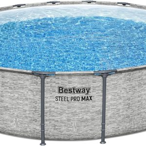 Steel Pro MAX 14 Foot x 48 Inch Round Steel Frame Above Ground Pool Set With 1,000 Filter Pump, Ladder And Cover - Gray