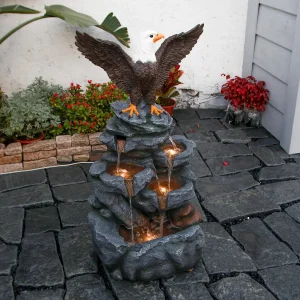 FountJoy Bald Eagle Outdoor Fountain With Tiered Cascading Rock Water Feature, 38.58 in Tall