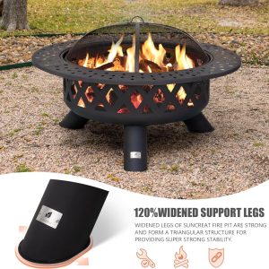 SUNCREAT 42-Inch Wood Burning Patio Fire Pit, Black, 42.1 Inch Diameter x 25.2 Inch High