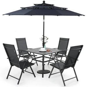 MAISON ARTS 6-Piece Patio Dining Set With 4 Adjustable Folding Chairs, Square Metal Table And 10ft Umbrella