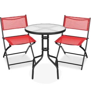 Best Choice Products 3-Piece Patio Bistro Dining Set With Glass Tabletop And Folding Chairs - Gray