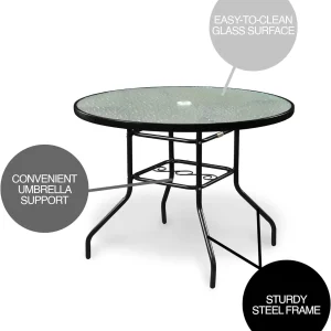 Outdoor Steel Patio Dining Table With Round Waterwave Glass Top, Black, 40 inch