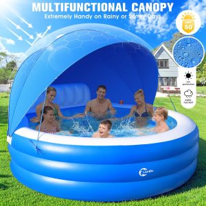 Inflatable Family Lounge Pool With Canopy, Bench And Backrest, 92in x 92in x 26in - Blue