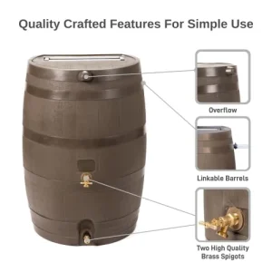 50 Gallon Rain Barrel With Brass Spigot And Flat-Back Design