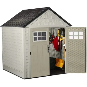 Rubbermaid Resin Outdoor Garden Storage Shed With Windows And Utility Hooks, Sand - 7x7 Ft