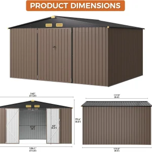 IRONCK Metal Outdoor Storage Shed, 10x12ft, Brown