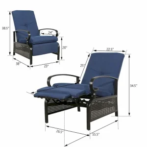 Adjustable Patio Recliner Lounge Chair With Cushion, 300 lbs - 38 (D) x 26.5 (W) x 38.5 (H) Inches