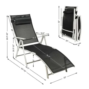 7 Position Folding Outdoor Chaise Lounge Chair With Cushion And Pillow
