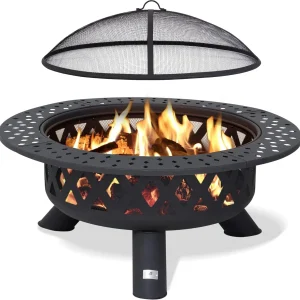 SUNCREAT 42-Inch Wood Burning Patio Fire Pit, Black, 42.1 Inch Diameter x 25.2 Inch High