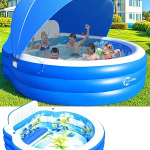 Inflatable Family Lounge Pool With Canopy, Bench And Backrest, 92in x 92in x 26in - Blue