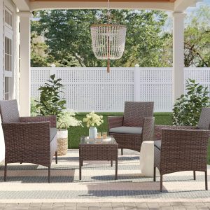 4-Piece Outdoor Patio Furniture Set With Rattan Wicker Chairs, Loveseat And Glass-Top Table
