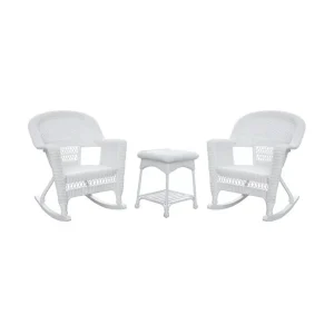Jeco Resin Wicker Outdoor Patio Rocker Chair And End Table Set, 3-Piece, White
