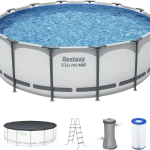 Steel Pro MAX 14 Foot x 48 Inch Round Steel Frame Above Ground Pool Set With 1,000 Filter Pump, Ladder And Cover - Gray