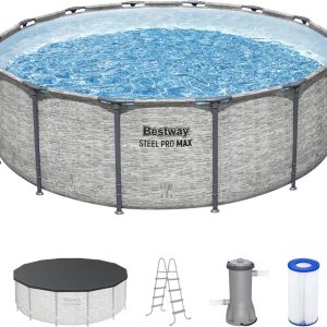 Steel Pro MAX 14 Foot x 48 Inch Round Steel Frame Above Ground Pool Set With 1,000 Filter Pump, Ladder And Cover - Gray