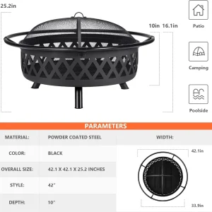 SUNCREAT 42-Inch Wood Burning Patio Fire Pit, Black, 42.1 Inch Diameter x 25.2 Inch High