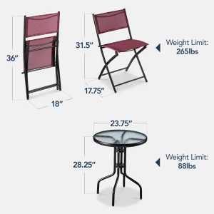 Best Choice Products 3-Piece Patio Bistro Dining Set With Glass Tabletop And Folding Chairs - Gray