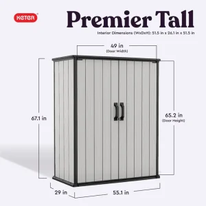 Keter Premier Vertical Outdoor Storage Shed With Floor, Lockable Double Doors, Grey
