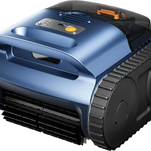 Cordless Robotic Pool Vacuum Cleaner With Track Drive, Sonar Navigation, 180W Brushless Motor, 150-Min Runtime, Dark Blue