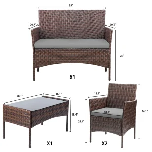 4-Piece Outdoor Patio Furniture Set With Rattan Wicker Chairs, Loveseat And Glass-Top Table