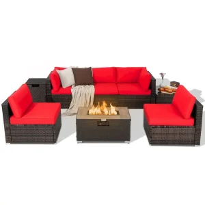 8-Piece All-Weather PE Rattan Patio Conversation Set With Fire Pit Table, Tank Holder And Cover