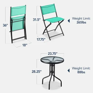 Best Choice Products 3-Piece Patio Bistro Dining Set With Glass Tabletop And Folding Chairs - Gray