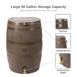 50 Gallon Rain Barrel With Brass Spigot And Flat-Back Design