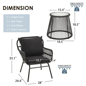 3-Piece Rattan Patio Conversation Set With Glass-Top Bistro Table, Two Wide-Arm Chairs And Seat Cushions