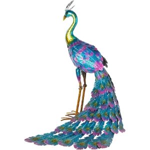 Outdoor Metallic Standing Peacock Yard Statue - 28-Inch
