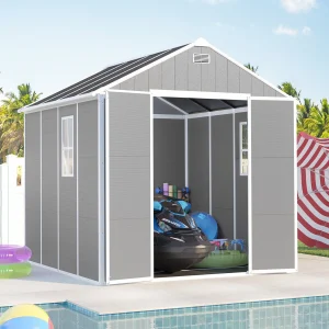Seizeen Resin Outdoor Storage Shed With Floor, Light Gray, 82 in H