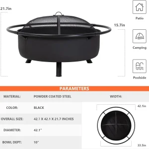 SUNCREAT 42-Inch Wood Burning Patio Fire Pit, Black, 42.1 Inch Diameter x 25.2 Inch High