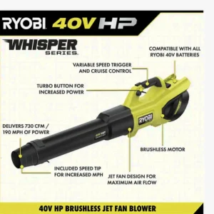 RYOBI 40V HP Brushless Cordless Leaf Blower, 730 CFM, 190 MPH, 2x 4.0 Ah Batteries And Charger