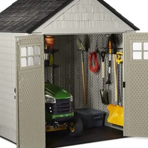 7x7 Ft Resin Outdoor Garden Storage Shed With Windows And Utility Hooks, Sand