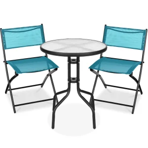 Best Choice Products 3-Piece Patio Bistro Dining Set With Glass Tabletop And Folding Chairs - Gray