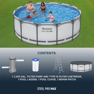 Steel Pro MAX 14 Foot x 48 Inch Round Steel Frame Above Ground Pool Set With 1,000 Filter Pump, Ladder And Cover - Gray