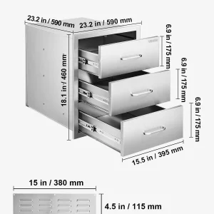 VEVOR Outdoor Kitchen Drawer Cabinet, Stainless Steel, 18.11 inch W x 23.23 inch D x 23.23 inch H, 3 Drawers