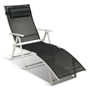 7 Position Folding Outdoor Chaise Lounge Chair With Cushion And Pillow