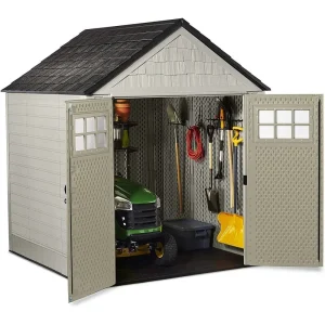 Rubbermaid Resin Outdoor Garden Storage Shed With Windows And Utility Hooks, Sand - 7x7 Ft