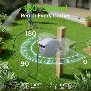 Retractable Garden Hose Reel 5/8 in x 100 ft Heavy Duty Wall Mounted With 9-Pattern Nozzle - 180 Degree Swivel