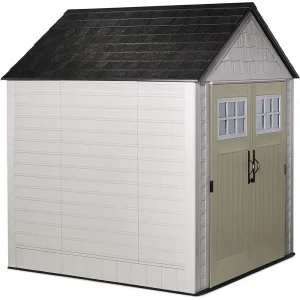 Rubbermaid Resin Outdoor Garden Storage Shed 7 x 7 ft, Sand - With Windows And Utility Hooks
