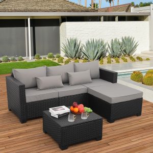 Rattaner 3-Piece Patio Furniture Set With Ottoman And Outdoor Storage Table - Black Wicker, Grey Cushions