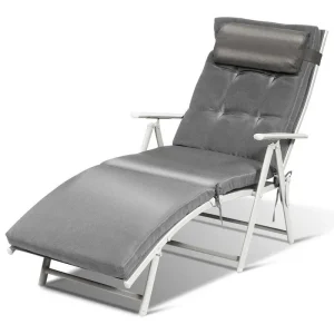 7 Position Folding Outdoor Chaise Lounge Chair With Cushion And Pillow