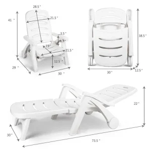Rolling Folding Plastic Pool Lounge Chair With Armrests, 5 Position - Patio Deck Beach Chair