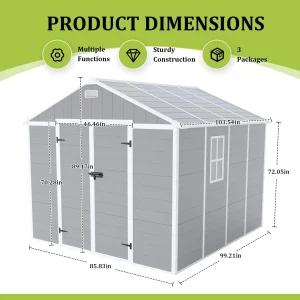 Seizeen Outdoor Resin Storage Shed, 41 Cu. Ft. / 306 Gal, Gray, 3 Doors With Floor