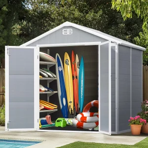 Seizeen Resin Outdoor Storage Shed With Floor, Light Gray, 82 in H