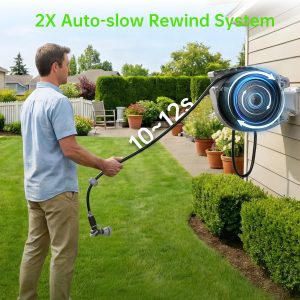 Retractable Garden Hose Reel 5/8 in x 100 ft Heavy Duty Wall Mounted With 9-Pattern Nozzle - 180 Degree Swivel