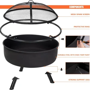 SUNCREAT 42-Inch Wood Burning Patio Fire Pit, Black, 42.1 Inch Diameter x 25.2 Inch High