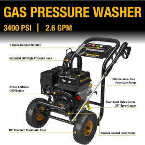 Poulan Pro Gas Pressure Washer 3400 PSI 2.6 GPM 212cc 4-Cycle With 30ft Hose, 21 Inch Lance, 5 Nozzles